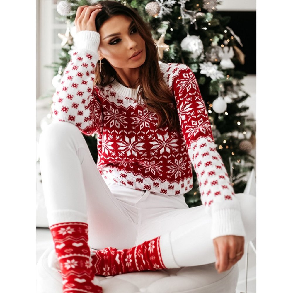 Red and White Christmas Sweater For Women Knitted Full Sleeve Bright & Beautiful - Picture 7 of 7